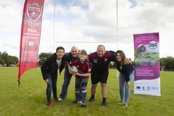 Left to right Mairi Gougeon MSP, Minister for Rural Affairs and the Natural Environment, Robert Tough, Kaylagh, Mike Reid, Chairman, Brechin RFC and Kim Ritchie, assistant programme coordinator, Angus LEADER. (Angus Pictures).