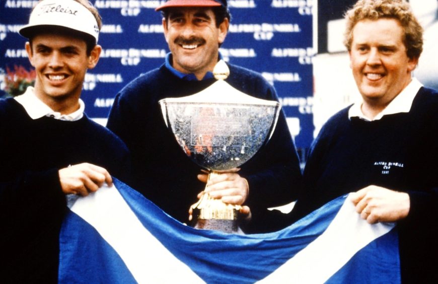 Andrew Coltart, Colin Montgomerie and Sam Torrance win Dunhill Cup for Scotland at St Andrews in 1995