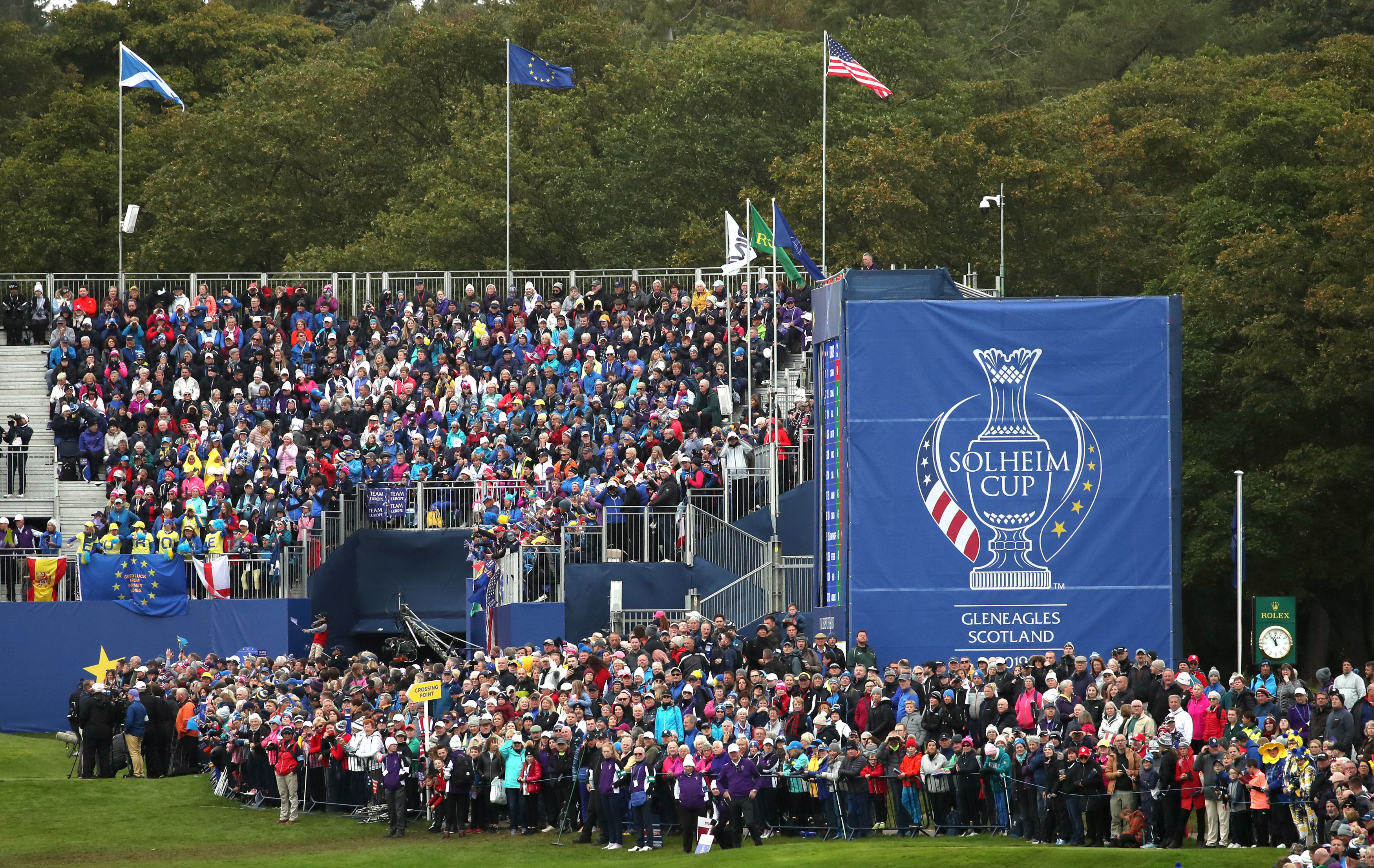 Fans watch the action on the 1st tee during the Singles match on day three of the 2019 Solheim Cup.