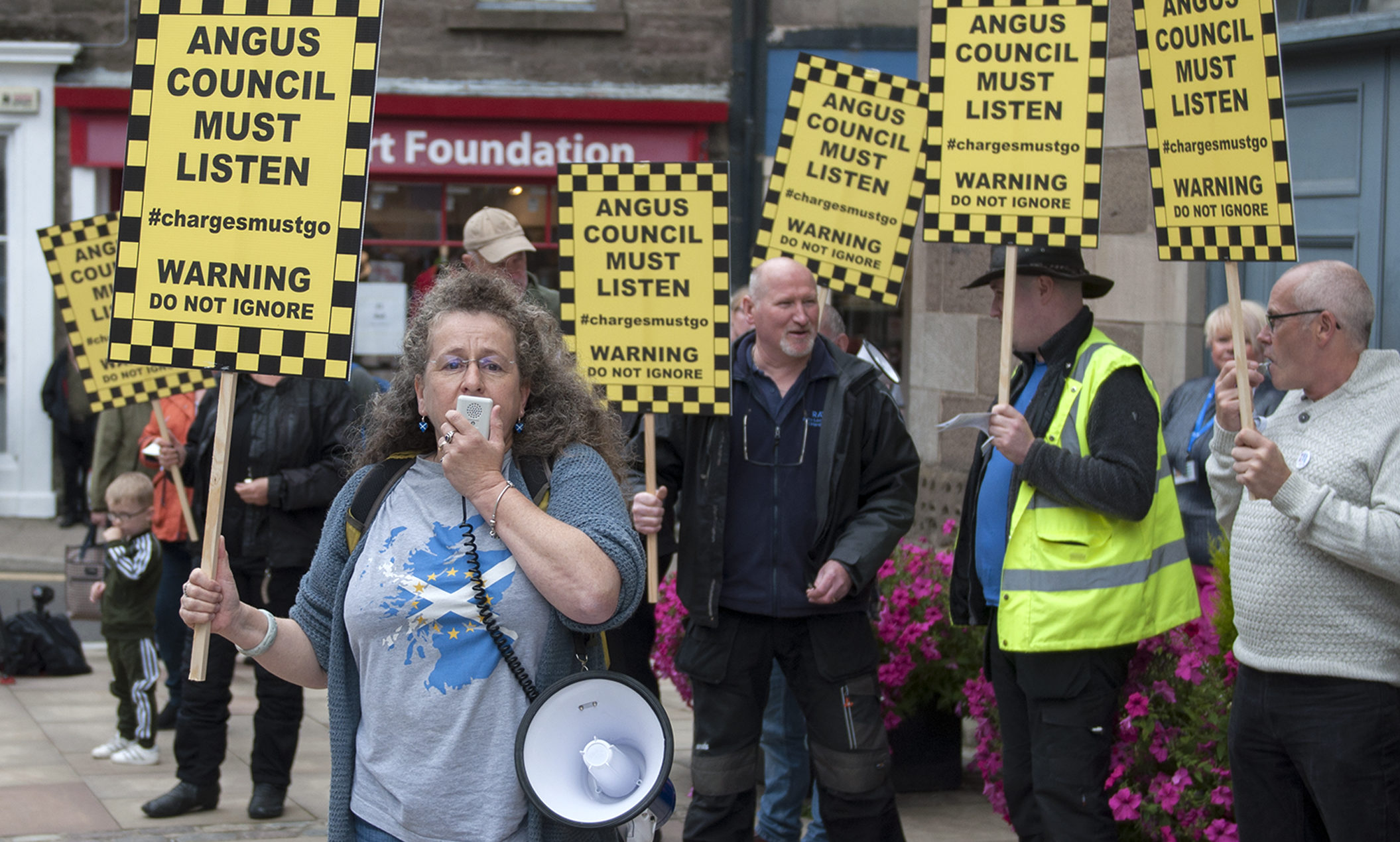 Demonstrators stage 'noisy protest' outside the Town and County Hall, Forfar.