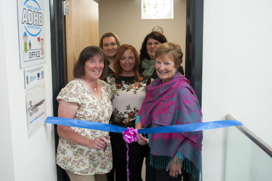 Official launch of new Angus base for ADHD support group,Picture shows,l to r, Susan Smith, Louise Scott, Lynne Kelly, Sarah McIlvarey and Cllr Lynne Devine open the new ADHD support group