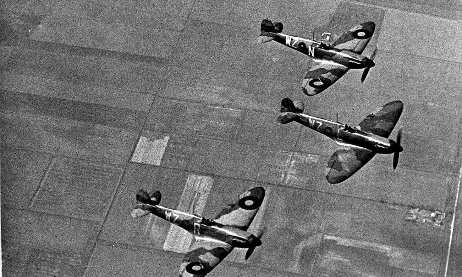 No.19 Fighter Squadron Supermarine Spitfires flying in formation at Duxford in 1939 prior to the Battle of Britain.