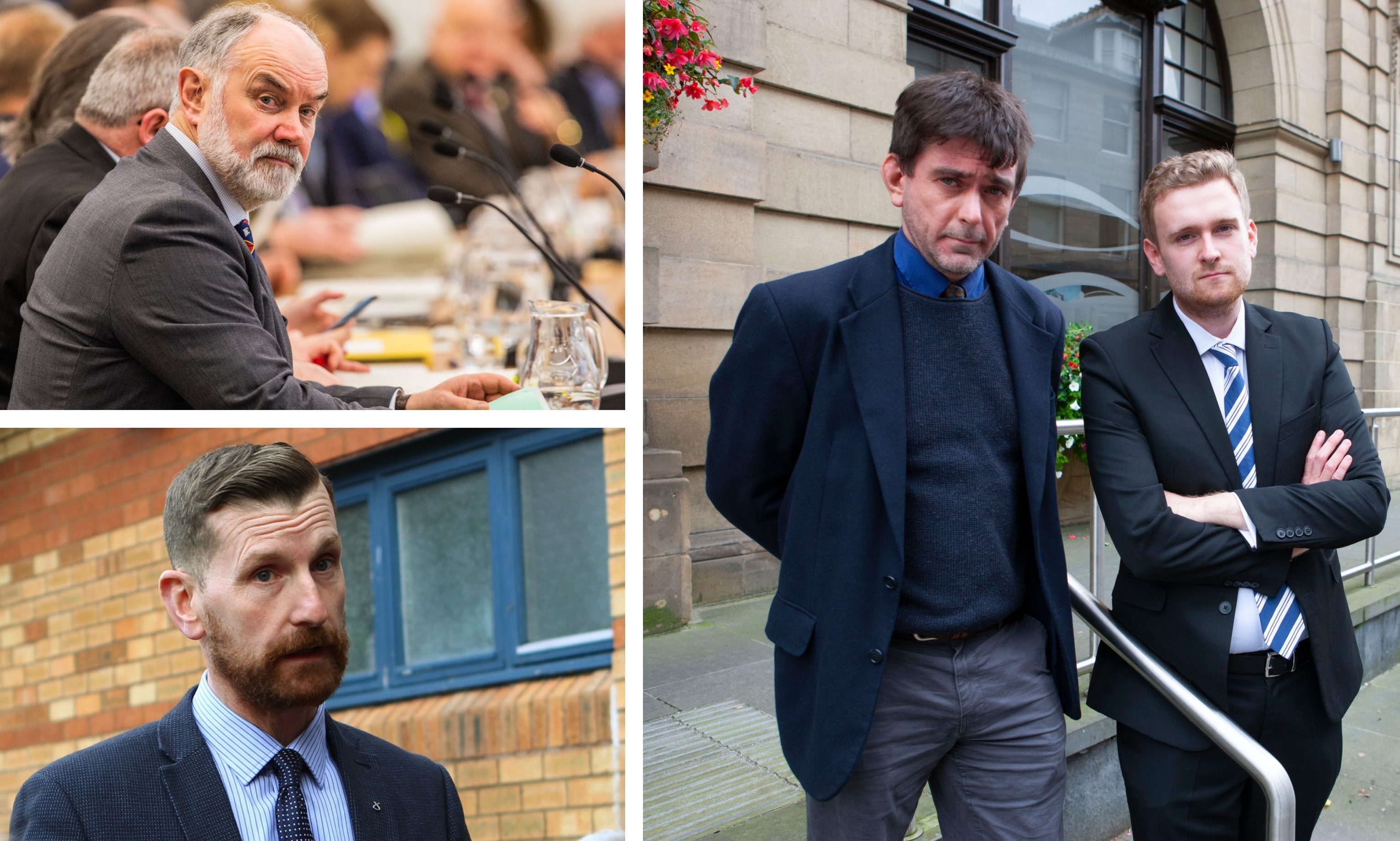 Right: suspended councillors Colin Stewart and Callum Purves. Top left: council leader Murray Lyle. Bottom left: SNP group leader Dave Doogan.
