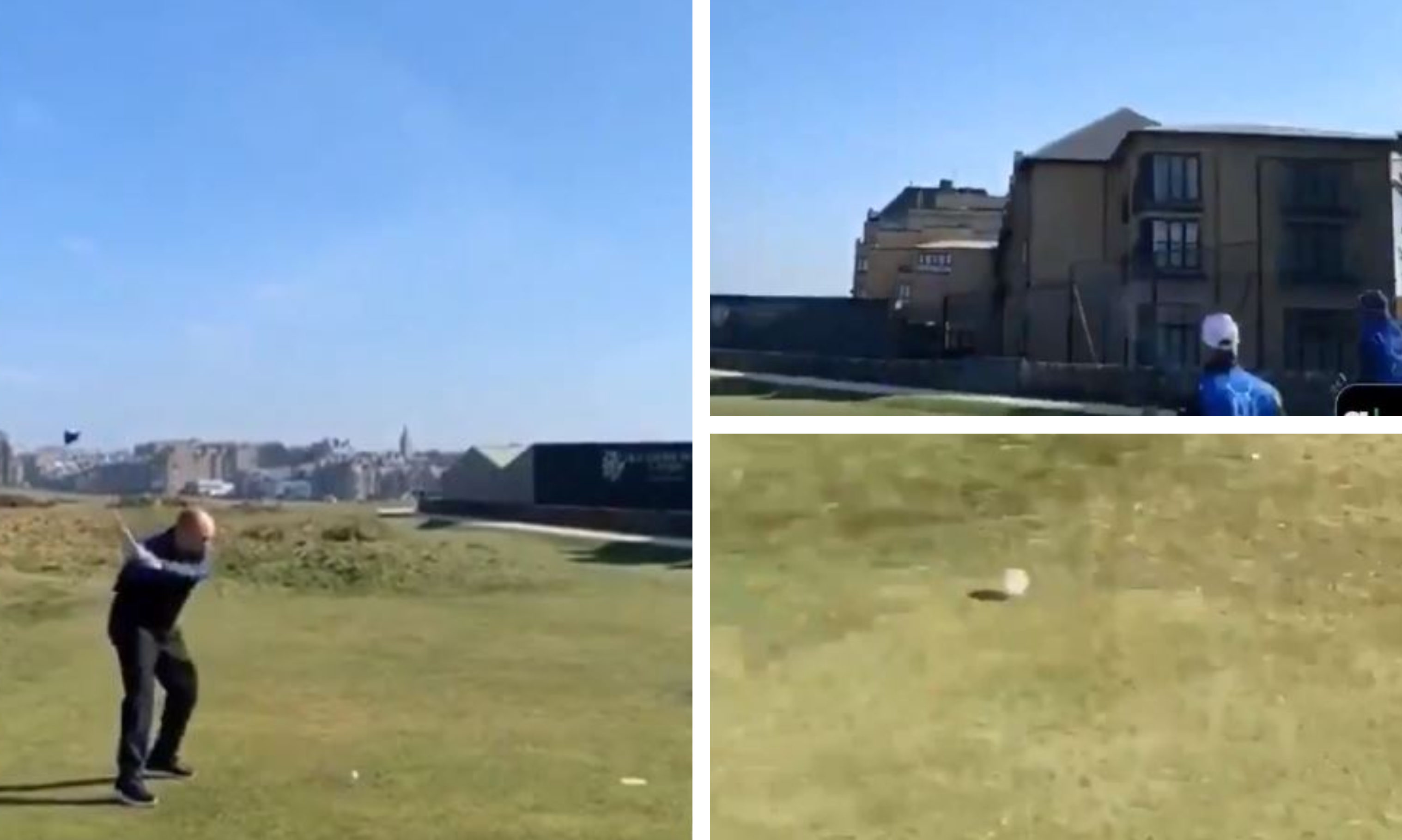 The golfer's attempt to tee-off from the Road Hole in St Andrews has gone viral.