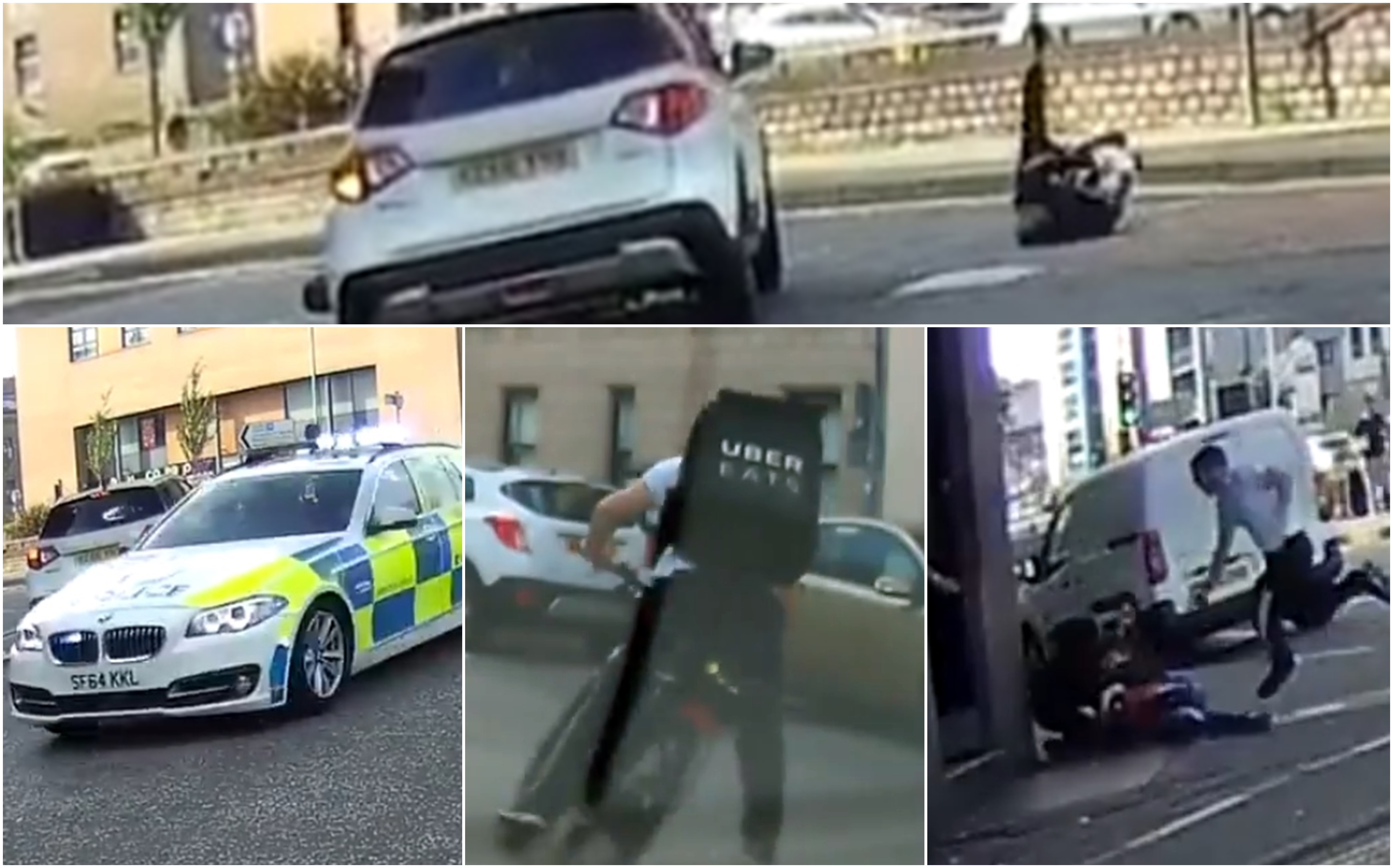 Top: The rider crashes to the ground. Bottom left: the police and an Uber Eats cyclist join the chase before the man is tackled to the ground.