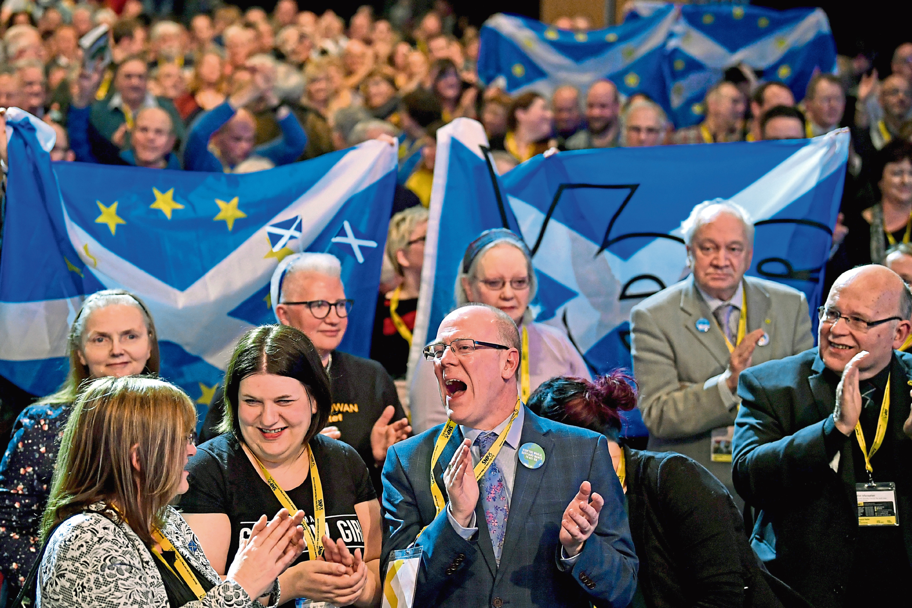 ABERDEEN, SCOTLAND - MARCH 18:  Delegates react after Scottish First Minister Nicola Sturgeon gave  her keynote speech at the SNP spring conference on March 18, 2017 in Aberdeeen, Scotland. Party members and delegates are focusing on a second Scottish independence referendum as the party meets for its spring conference in Aberdeen.
  (Photo by Jeff J Mitchell/Getty Images)