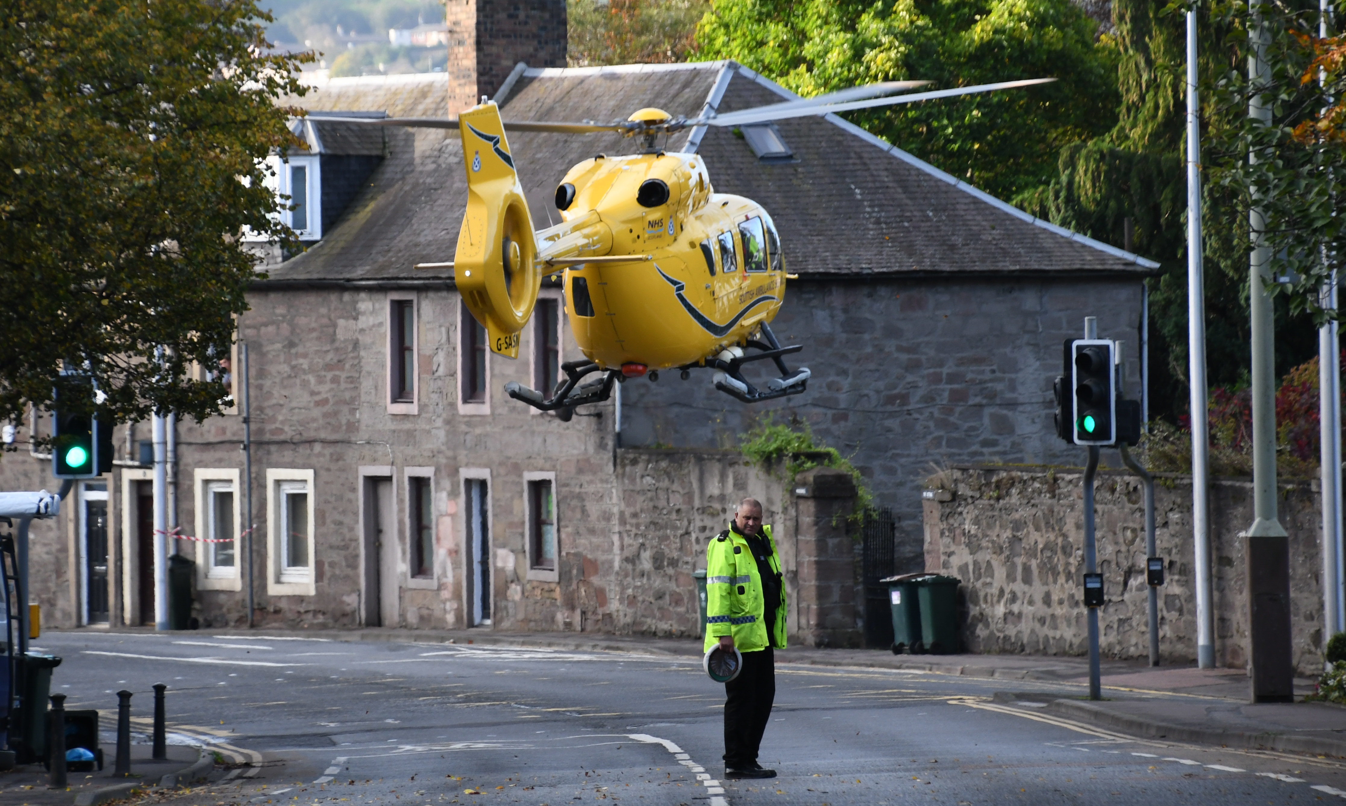 The air ambulance taking off from the scene in Perth