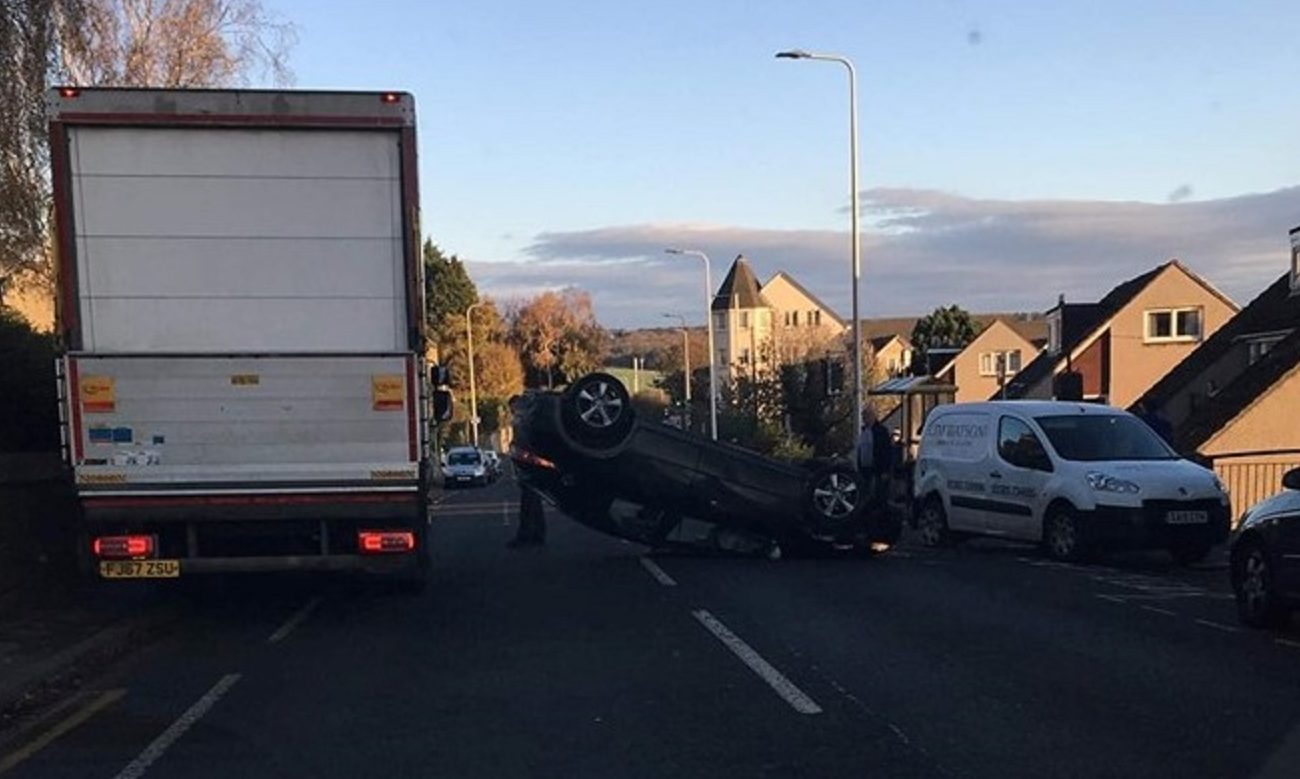 The overturned vehicle in Inverkeithing. (Pic Fife Jammers).