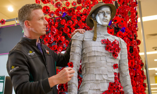 Keptie Kev has donned a WW1 issue helmet and stands pride of place in the centre of the Armistice Day display as Poppy Pete in Morrisons supermarket on Hume Street, Arbroath.