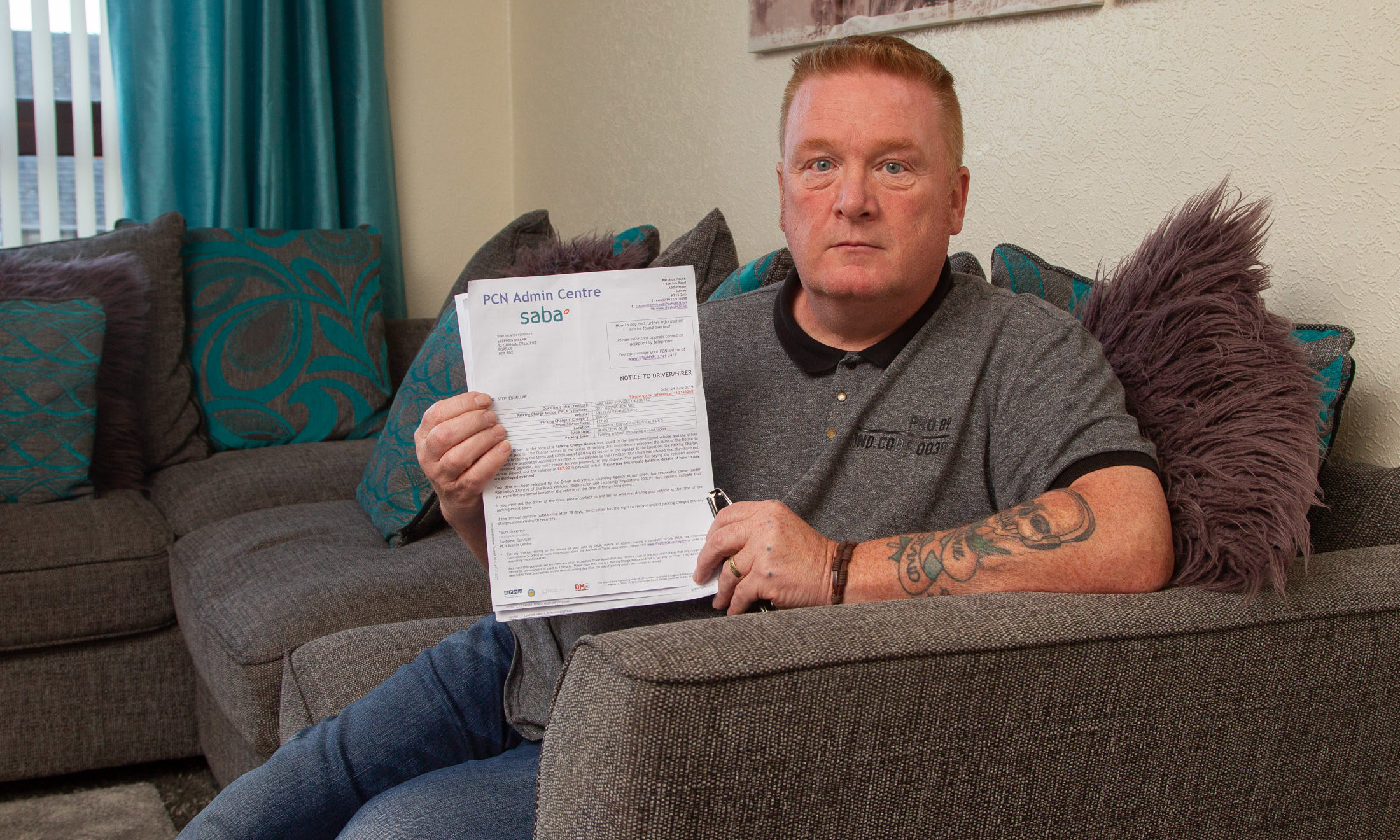 Stephan Millar, who suffered heart attack and was taken to Ninewells Hospital, .got a parking ticket after his family car was parked at the hospital car park.
