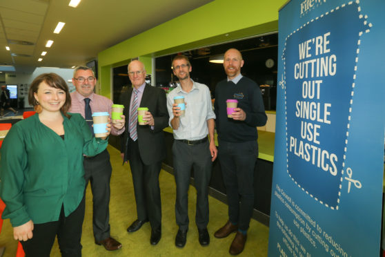 Image from left to right: Rosie Sim and Andrew Gernon, both of Fife Cultural Trust (ONFife), Cllr Ross Vettraino, Simon Jeynes, Resource Efficient Solutions and Scott Urquhart, Fife Sports and Leisure Trust.
