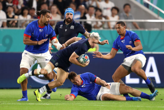 Scotland's Darcy Graham (centre) is the only player to be retained from the starting XV against Samoa.