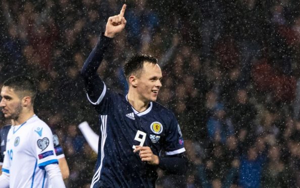 Lawrence Shankland celebrating his goal for Scotland against San Marino