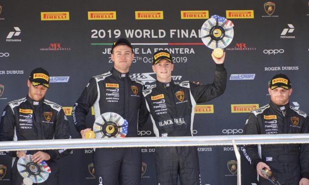 Sandy Mitchell (right) and Andrea Amici celebrate their race one win in Jerez.