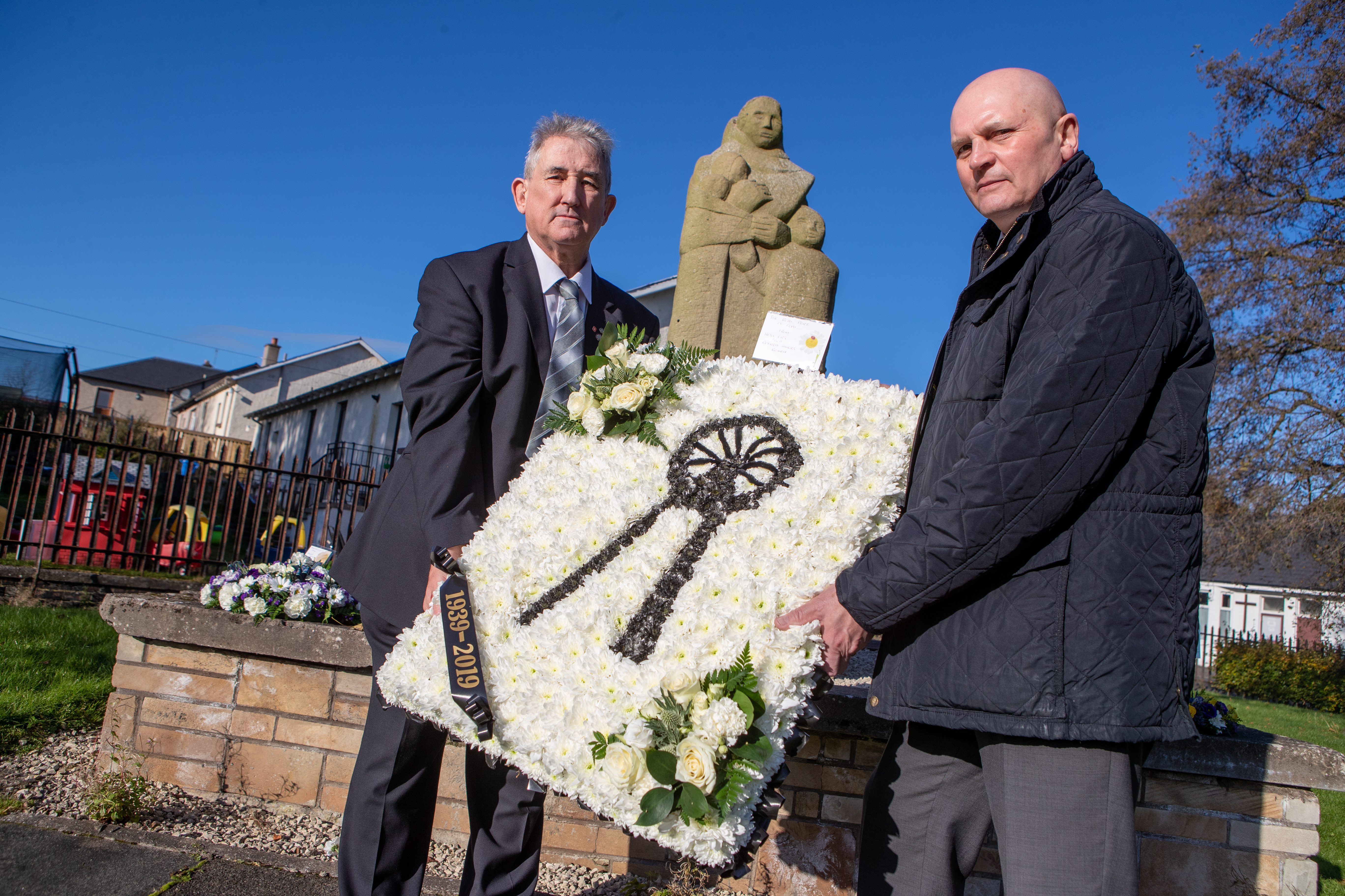 Rab McKenzie Chair of Valleyfield Heritage and Cllr Bobby Clelland, Retired Miners West Fife Branch lay a wreath following the ceremony in memory of those who lost their lives in the disaster