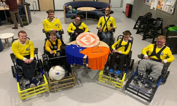 Powerchair football players Nicky Duncan, Alexander Johnstone, Kein Speed, Kristin Macmaster, Liam Ritchie, Eythan Galloway and Logan Mitchelson.