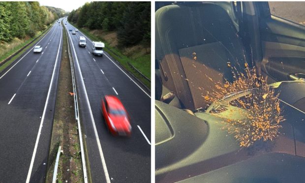 A 'mud missile' was launched at a vehicle from a bridge over the A92.