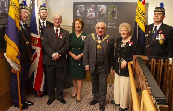 Mike Roberston and Kirsty Macdonald with Angus Lord Lieutenant Pat Sawers and Provost of Angus Ronnie Proctor along with British Legion Standard Bearers Callum Copland, Paul Thomson and Rab Cumming.