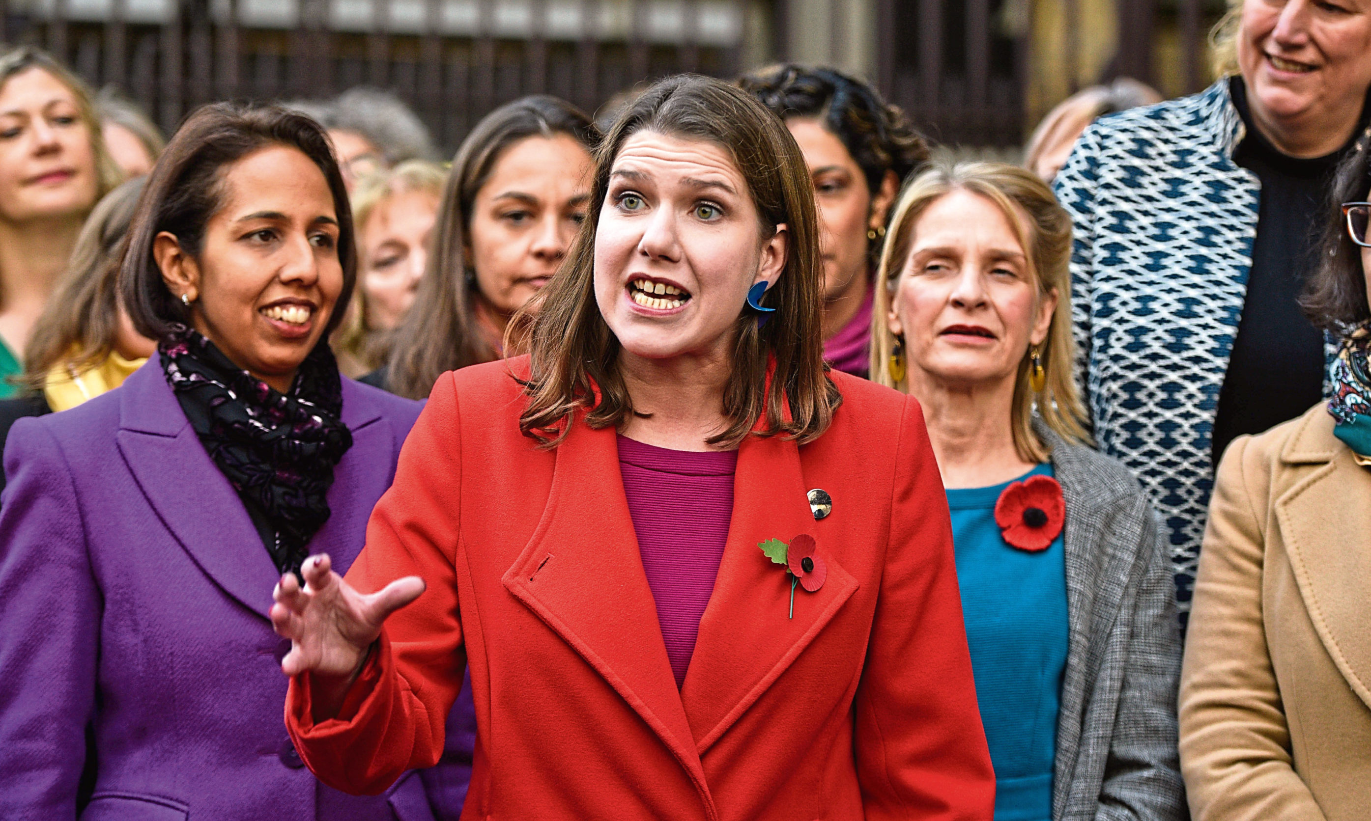 Liberal Democrat Leader Jo Swinson gives a statement saying she must be allowed to take part in TV election debates and will pursue legal avenues if her party are not included on November 4, 2019 in London, England.