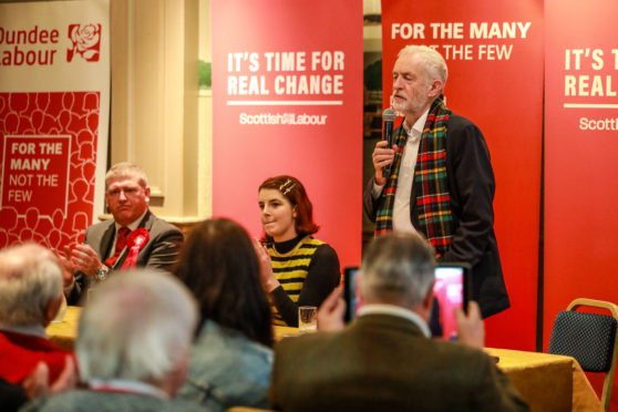 Jeremy Corbyn speaks to supporters in Dundee during the 2019 election campaign.