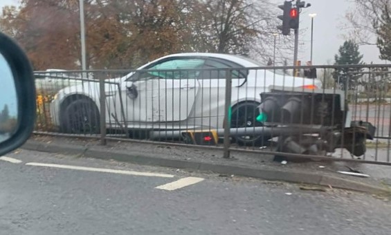 The car crashed into traffic lights in Queensway, Glenrothes.