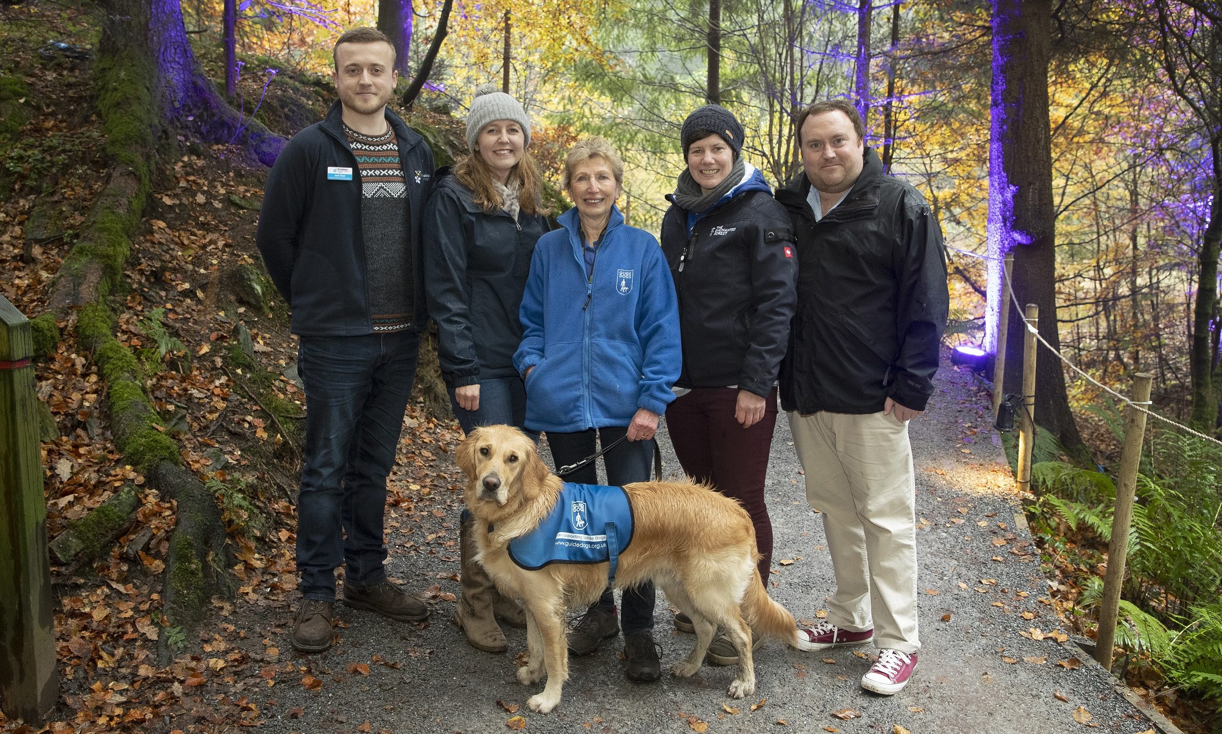 From left, Jack Reid from Bumblebee Conservation Trust, Alison Walker Trustee of The Enchanted Forest, Heather Walker and Blue from Guide Dogs, Enchanted Forest creative producer Zoë Squair and Graham Illsley from PKAVS.
