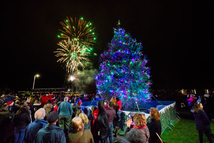 People watchinf fireworks at the Dundee West End Christmas Lights switch on in 2019