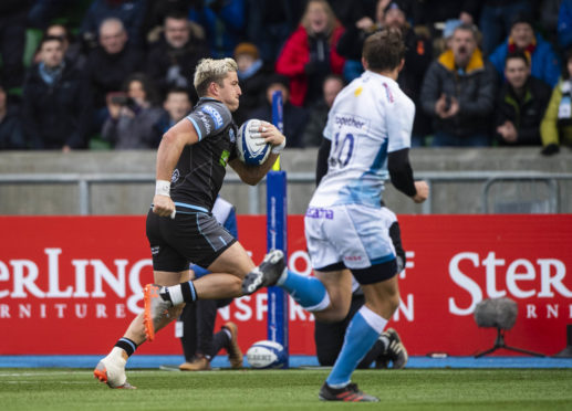 DTH Van Der Merwe motors in for Glasgow's first half try against Sale.