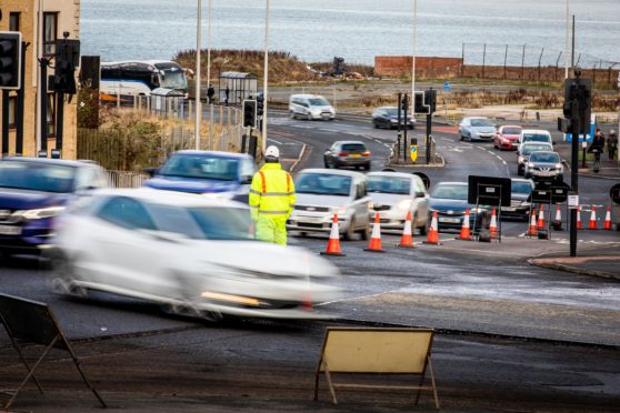 Traffic queuing at the roadworks in Kirkcaldy.