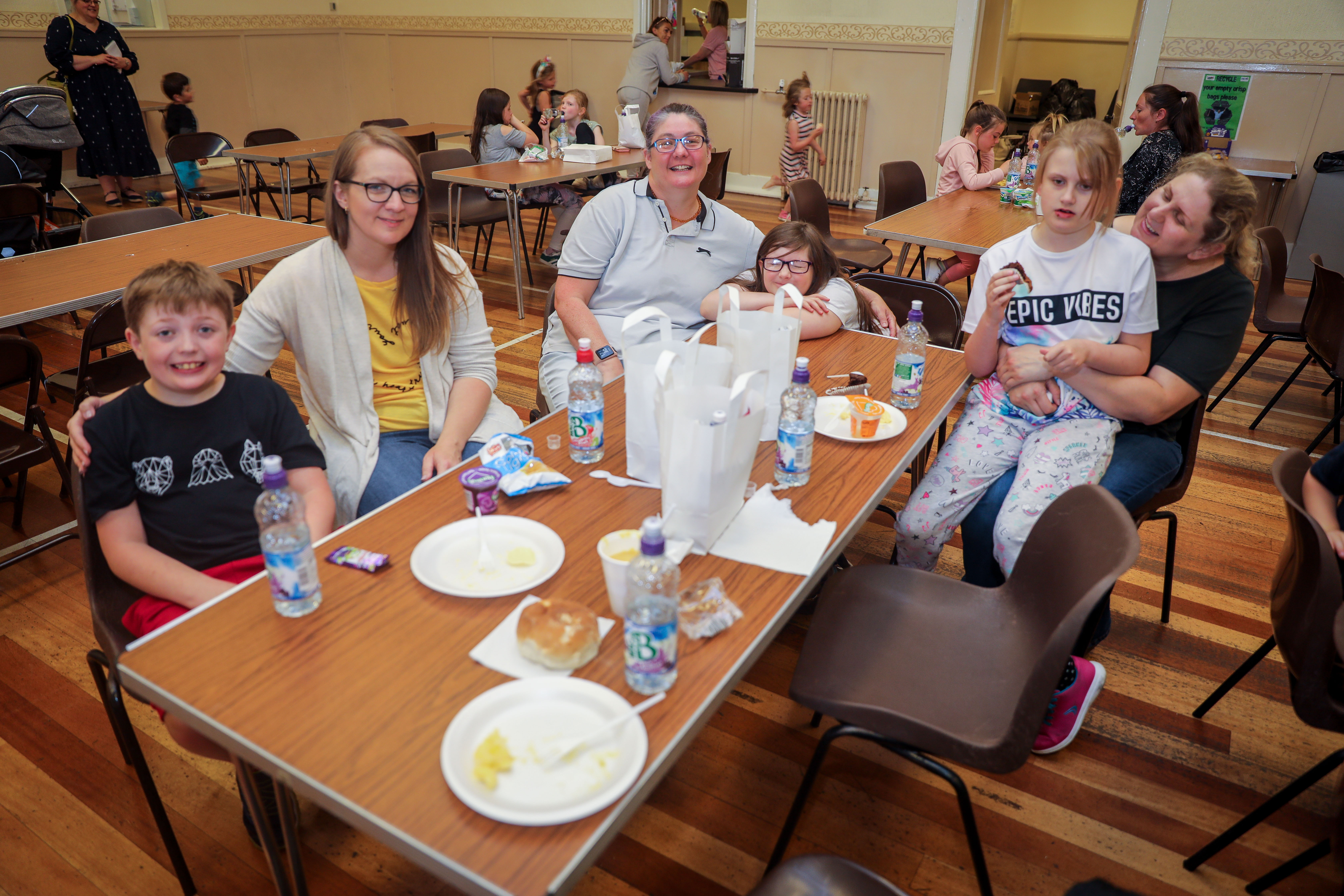 Logan Caterson (9), Dawn Cateron (39), Sharon Sutherland (45), Amber Sutherland (8), Sarah Maddison (37) and Alyssa Maddison (8) had a great lunch as part of Cafe Inc.