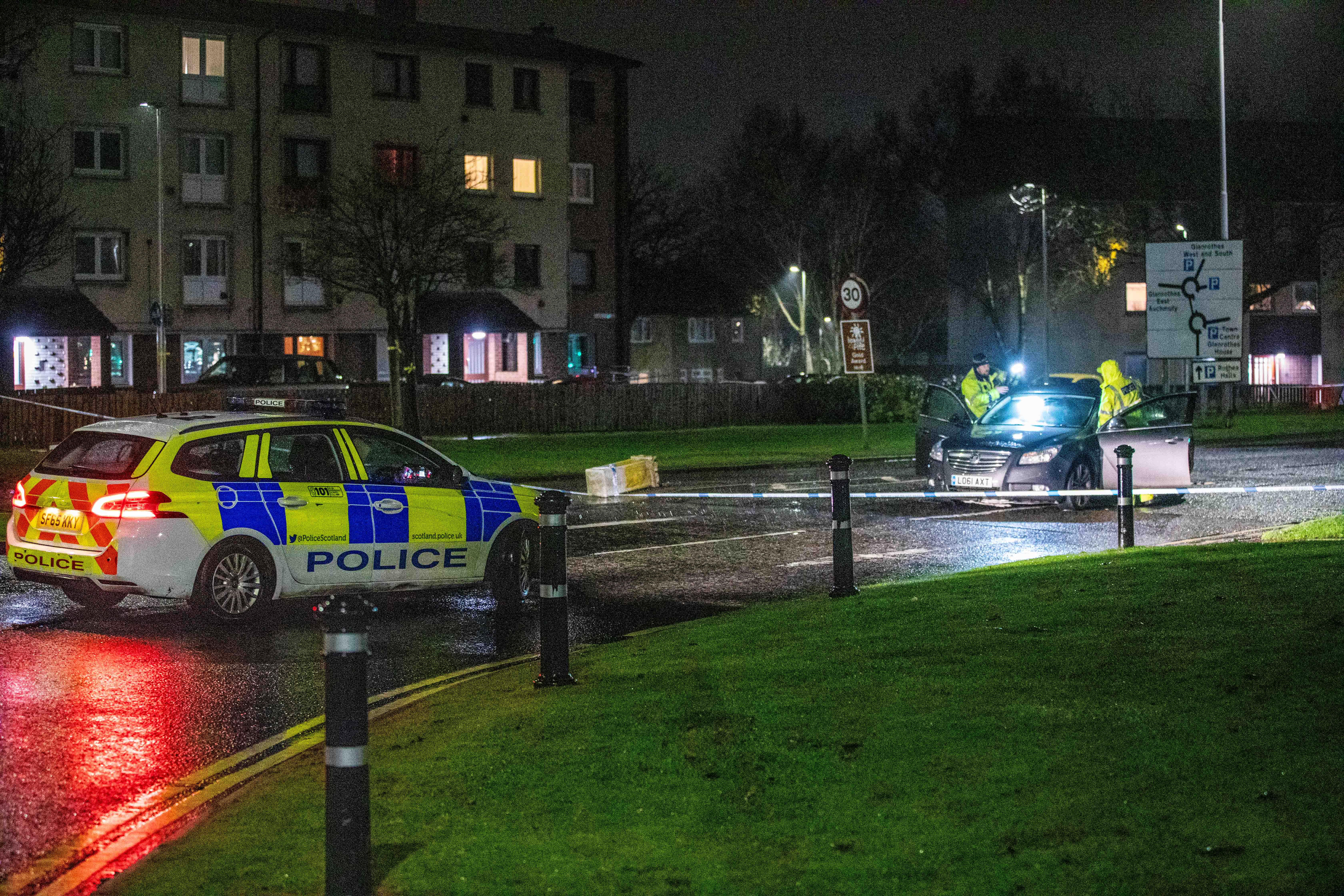 Police on scene examining a Grey Vauxhall Insignia after reports of a pedestrian being involved in the accident on Church Street, Glenrothes late Saturday night.