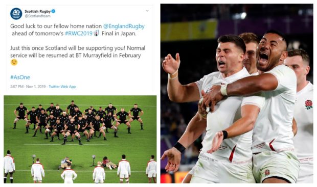 Scottish Rugby's official account has backed England in the Rugby World Cup final.