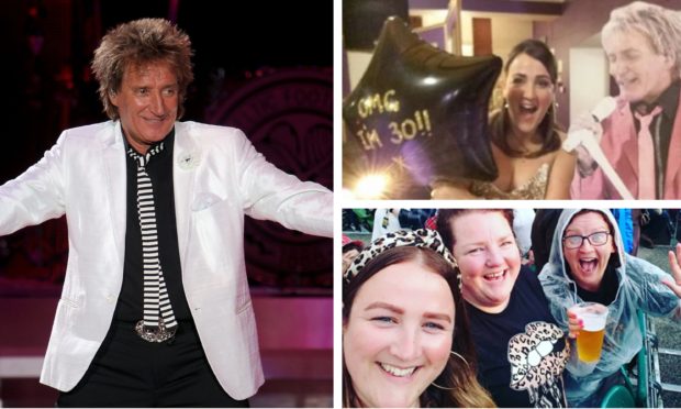 Left: Sir Rod Stewart. Right: Amy Campbell with a cardboard cut-out of the music star/ with her sisters at Sir Rod's Aberdeen gig earlier in 2019.