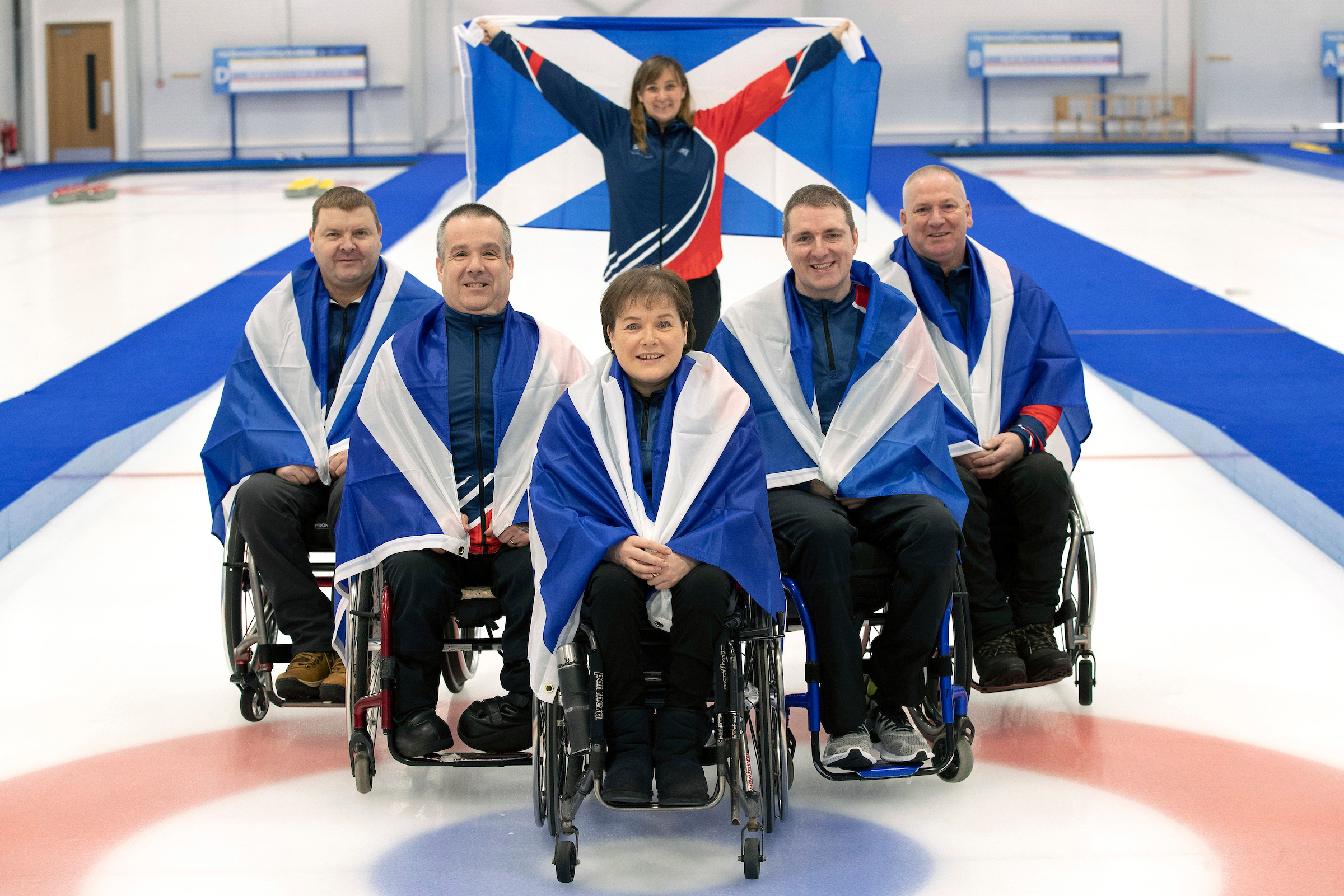 Silver-winning Scotland Wheelchair Curling Team. L-R: David Melrose, Robert McPherson, Aileen Neilson, Hugh Nibloe, Gary Logan. Back: Sheila Swan. 
Picture: Graeme Hart.