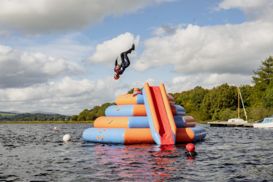 The wobbly water park at Galloway Activity centre on Loch Ken.