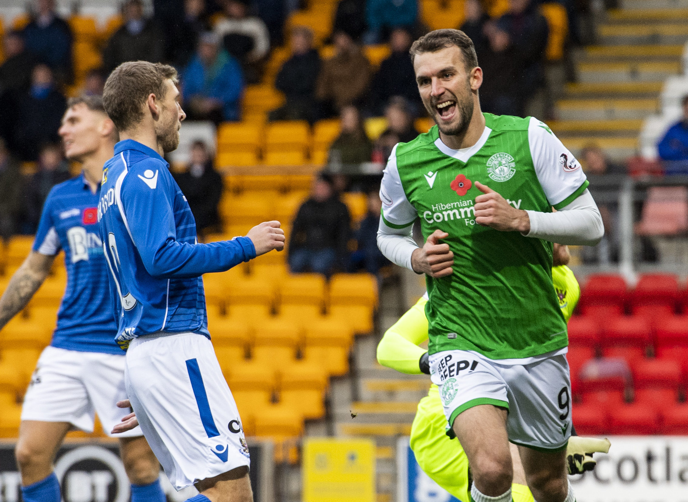 Christian Doidge celebrates after scoring to make it 1-0 for Hibs.