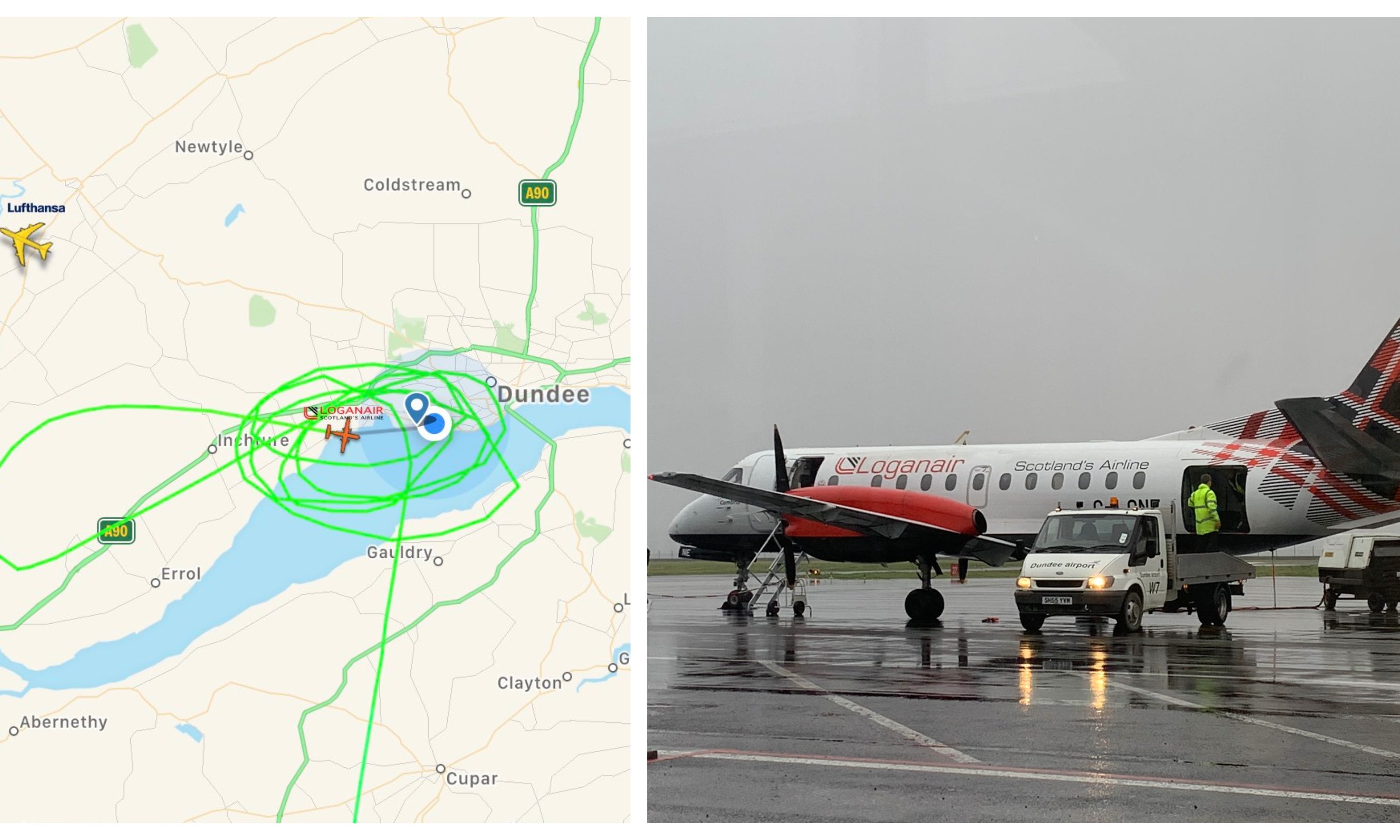 The Loganair plane's flight path/the plane on arrival.