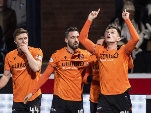 Dundee United's Lawrence Shankland celebrates his goal.