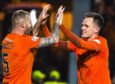 Dundee United's Lawrence Shankland with Mark Connolly.