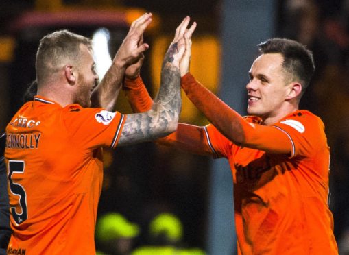 Dundee United's Lawrence Shankland with Mark Connolly.