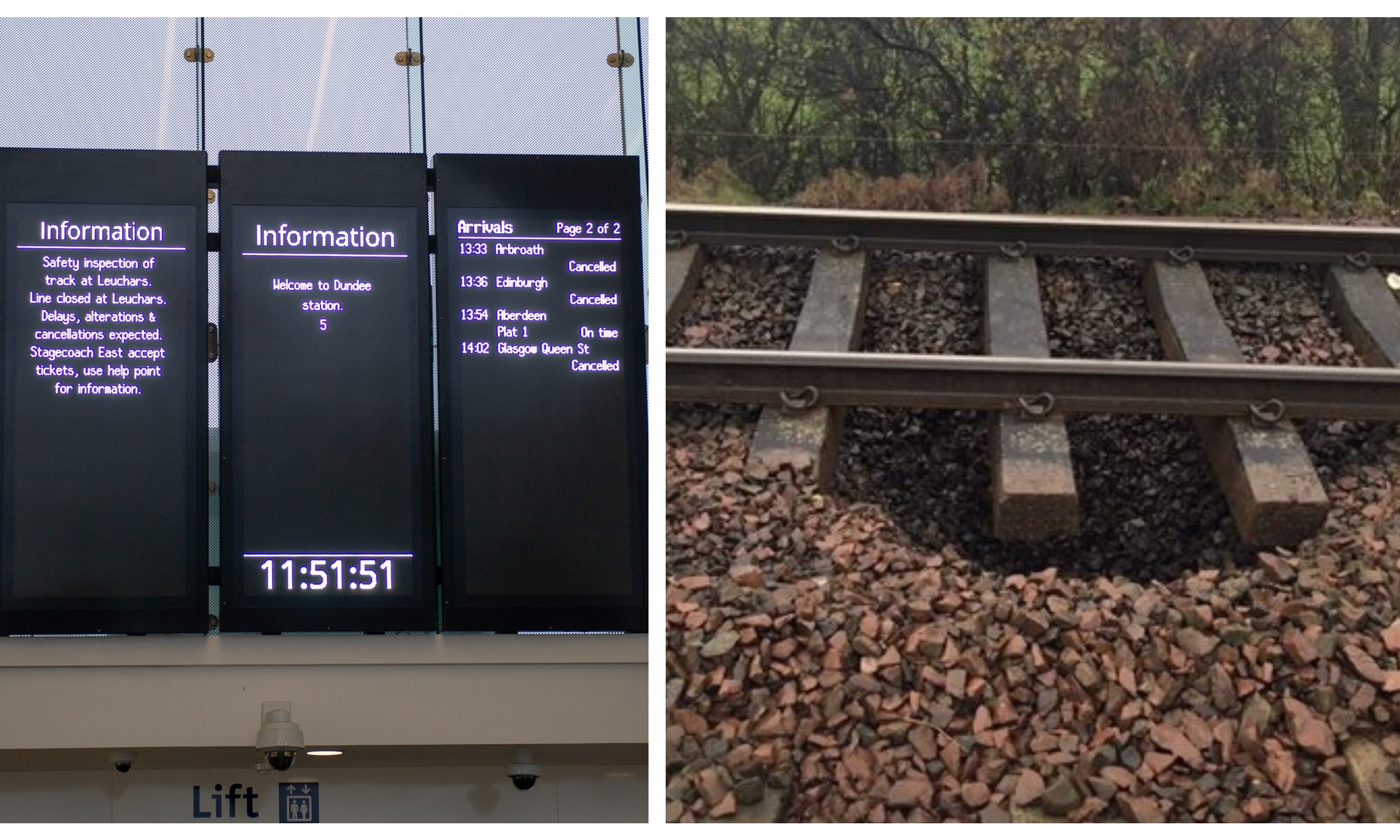 Right: a photo of the sinkhole which has caused the delays near Leuchars. Left: a departure board at Dundee Station today.