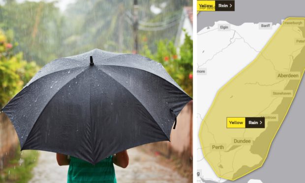 The Met Office weather warning (left) warns of heavy rainfall this weekend.