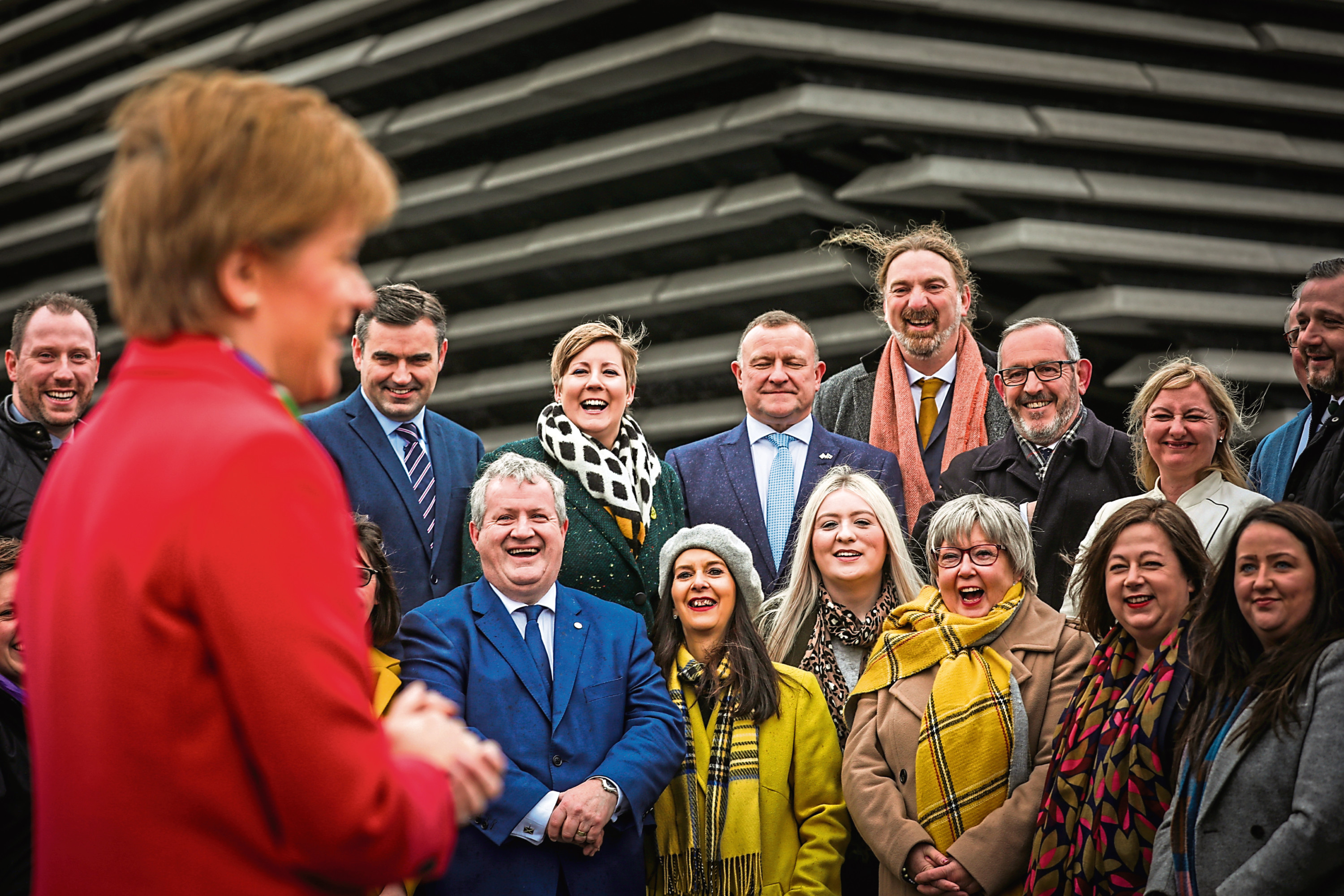 Nicola Sturgeon at V&A Dundee with Chris Law and Stewart Hosie to celebrate their election wins.