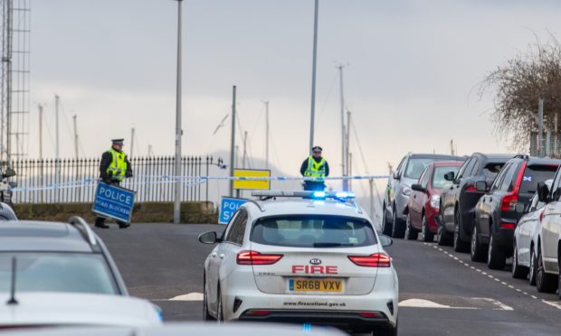 Emergency crews at Burntisland Harbour after a suspicious package was found on an oil rig off Methil.