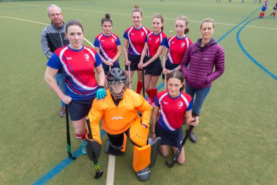 Members of Madras FP womens hockey club (some of whom are current Madras pupils) and parents before a match played on the University astroturf pitch. They are dismayed that the Council and current Madras leadership have made no provision to build a pitch suitable for hockey at the new Madras. The Uni is no longer under any obligation to make it's own pitch available for community use. L-R: Neil Miller, Parent; Jade Milne, club secretary, Louisa Miller; Mandy Bateman; Isla Bell; Rosie Bell; Grace Holden; Amy McClymont and Helen Holden, parent. St Andrews Uni Astroturf pitch, St Andrews.