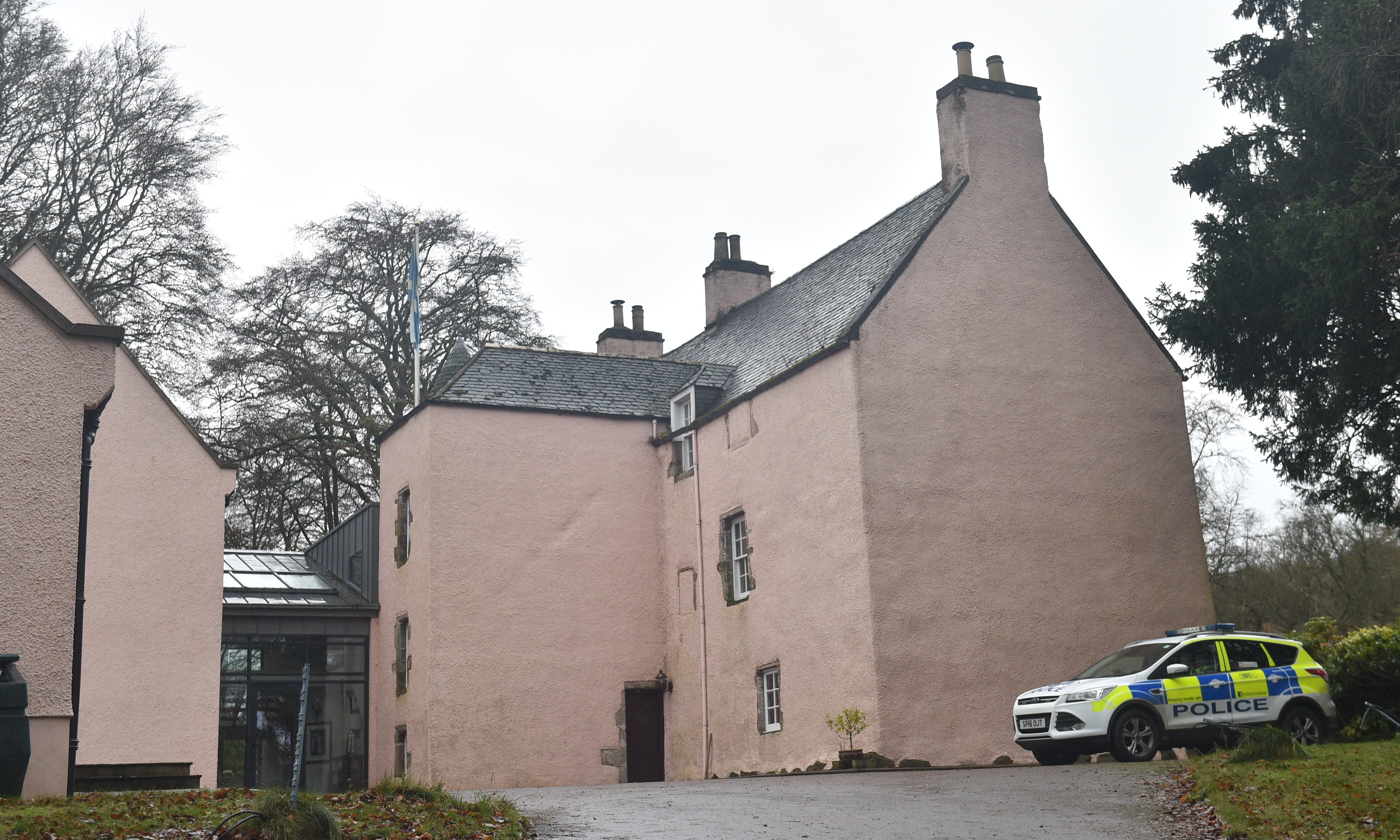 Police at the scene of where two bodies were found at Mergie Holiday Cottages on the Mergie Estate, Rickarton area, West of Stonehaven.