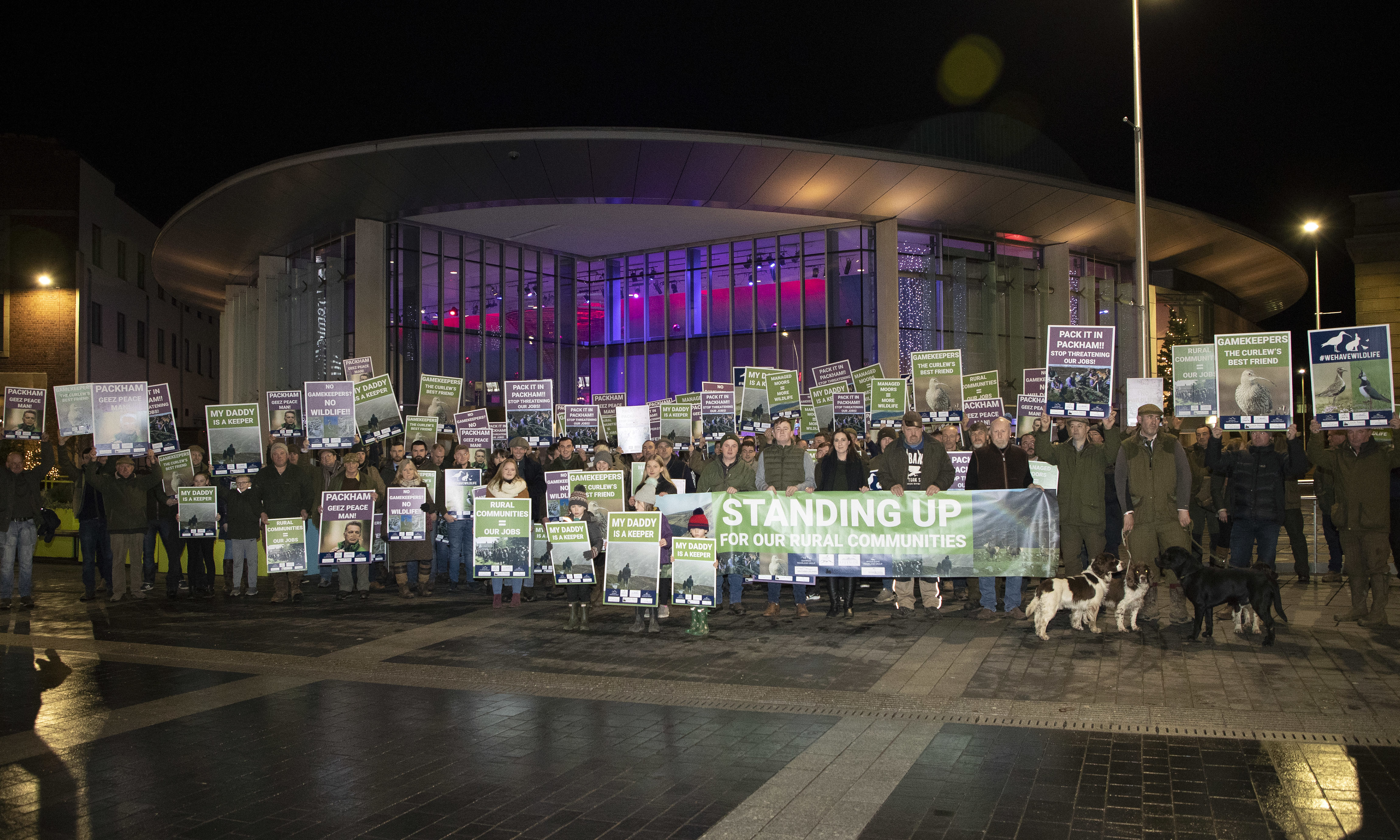 Rural workers and their families gather at Perth Concert Hall to protest against Chris Packham, who was speaking at the venue.