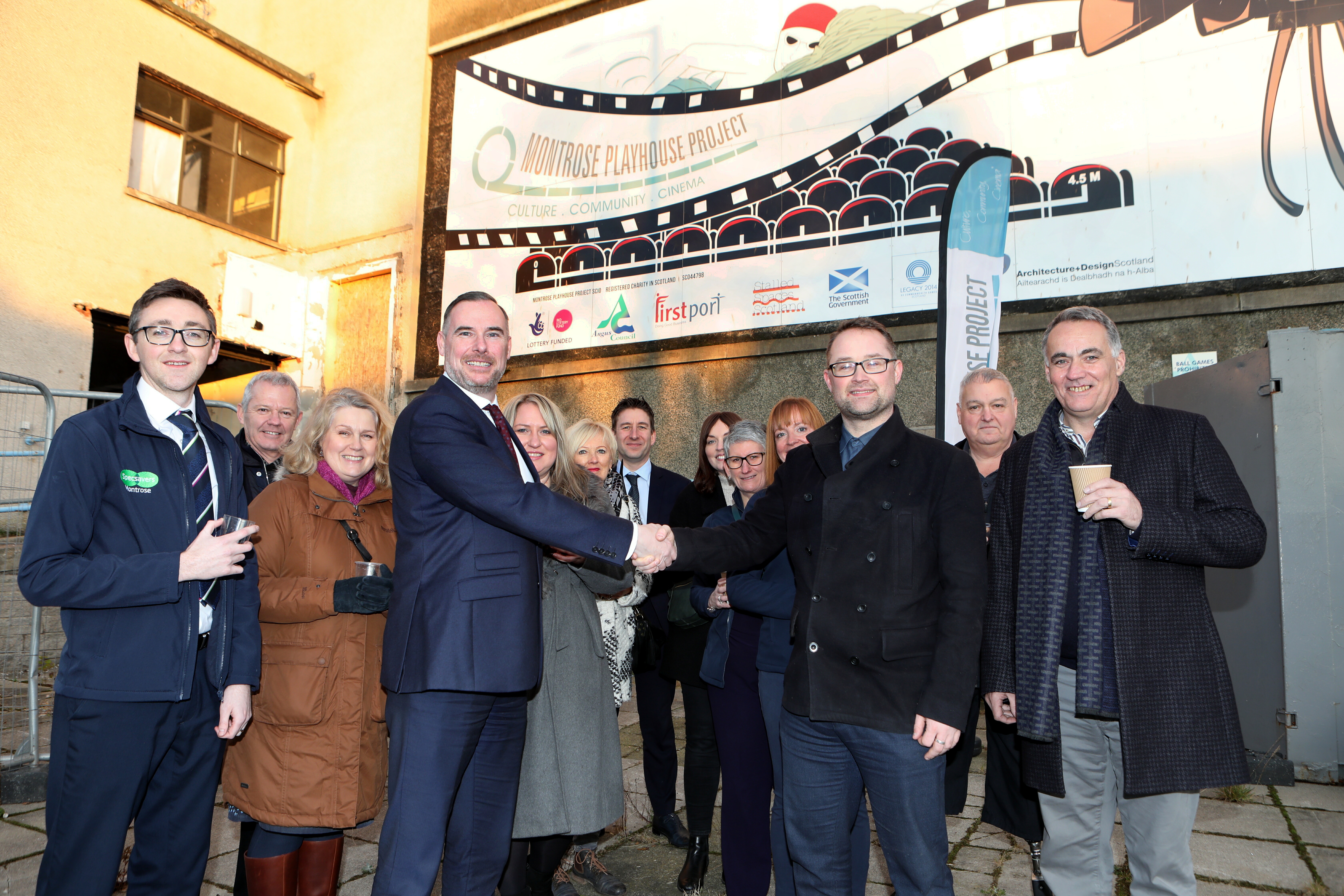 Montrose Playhouse Project chairman David Paton (right) with Gavin Currie of Bancon Construction and sponsors at the contractor announcement.