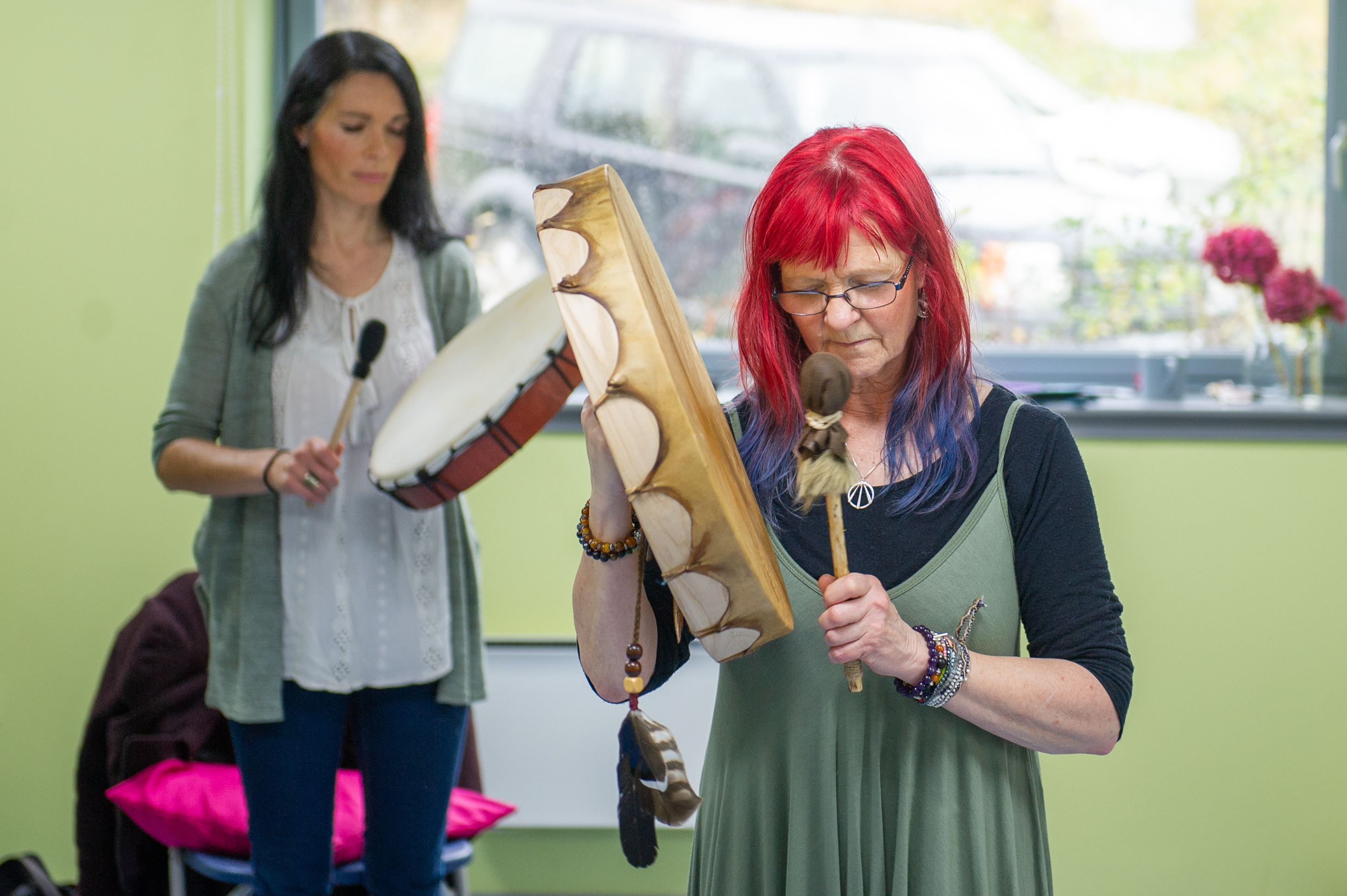 Gayle joins a shamanic drumming class led by Liz Harris at the Ecology Centre in Kinghorn.