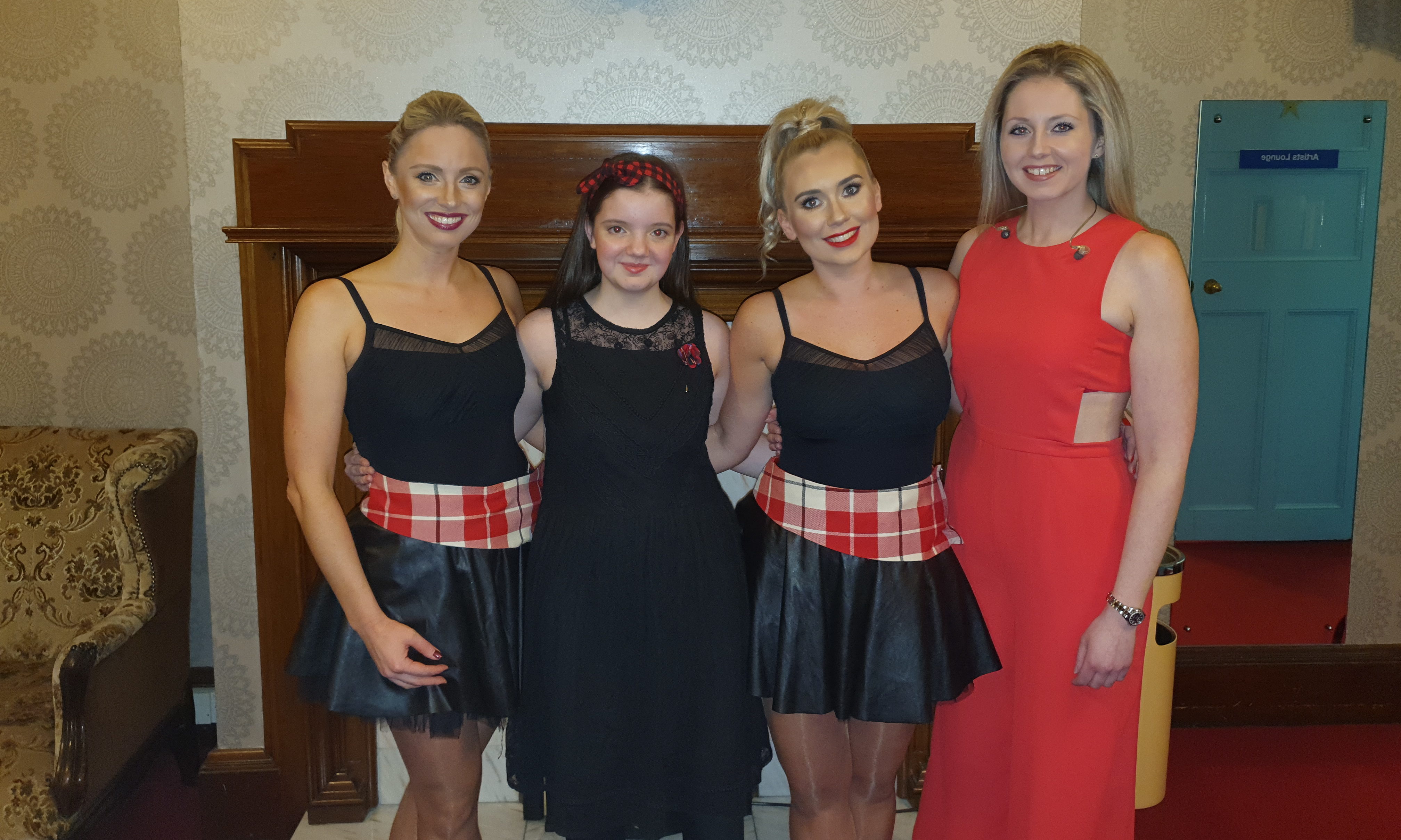 Layla, second left, backstage with Deirdre Brennan and two of the bands dancers.